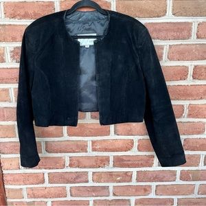 Black suede open front cropped collarless jacket. Medium